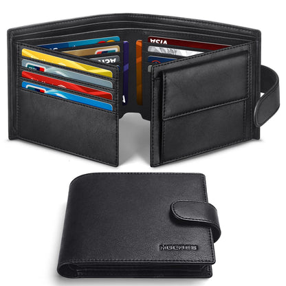 HOCRES Wallets for Men, RFID Blocking Wallet,Mens Wallet, Leather Wallet with 14 Credit Card Holders, 2 Banknote Compartments, 2 ID Window, Minimalist Mens Wallet with Gift Box, Black