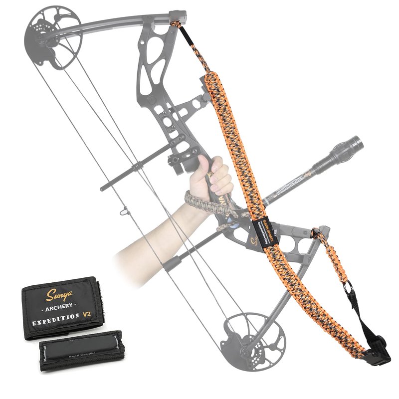 Sunya Paracord Compound Bow Sling with V2 Upgraded Magnetic Connection System. Lightweight Hands Free Shoulder Carrying Sling for Bow Hunting, Field Archery and 3D (Orange Flame Camo)