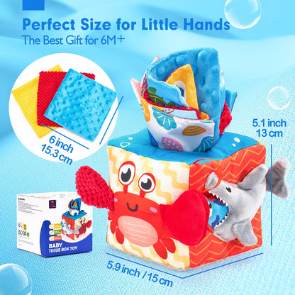 hahaland Baby Tissue Box Toy - Baby Toys 6-12 Months Montessori Toys for 6 Month Old with Textured Tails, Cloth Tissues, Crinkle, Squeaky Sounds, Mirror - Gifts Play Silks Sensoy Scarves for Babies