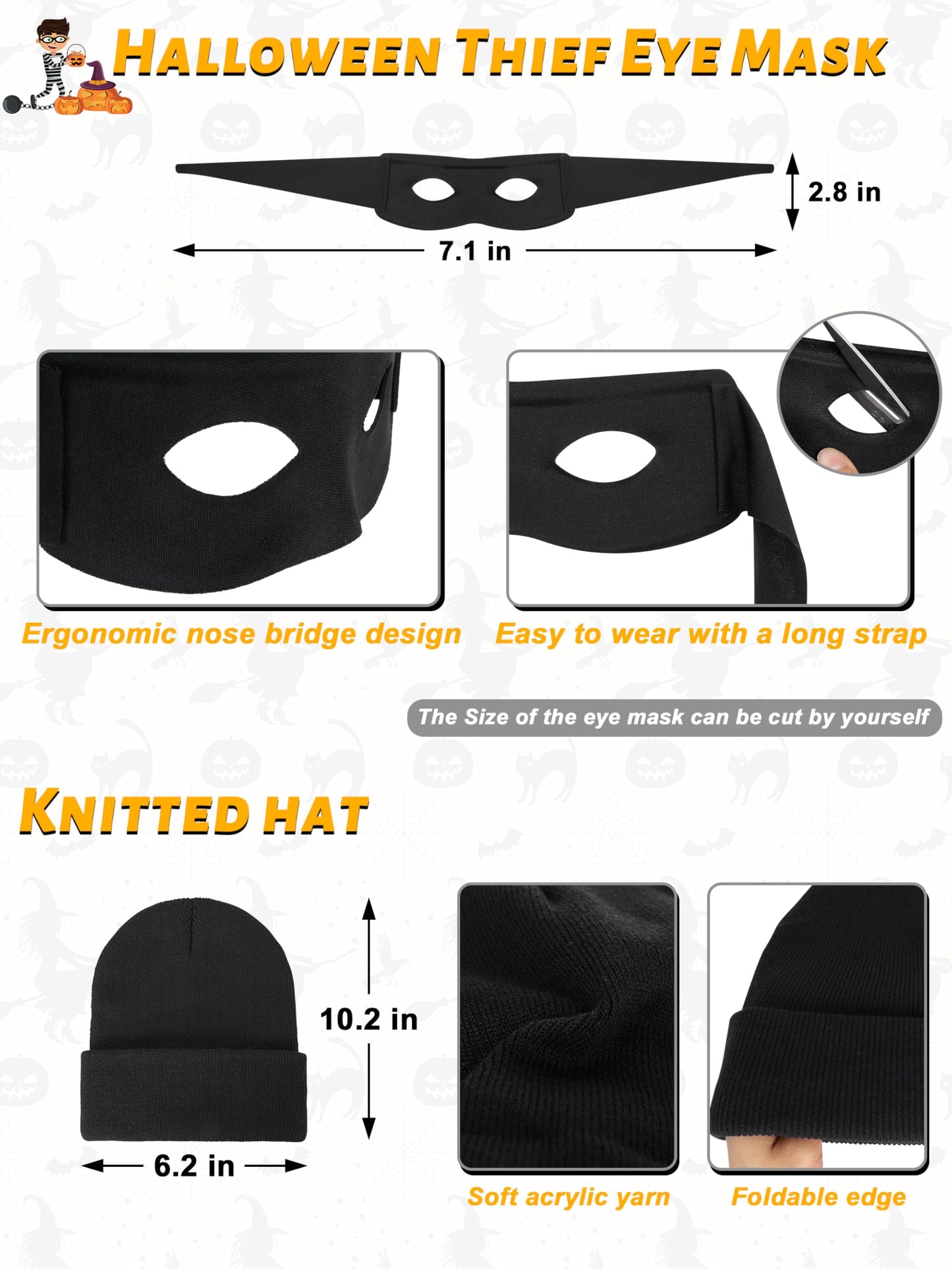 QZYL Robber Costume Set, M Unisex Thief Cosplay T Shirt Beanie Cap Gloves Eye Masks Money Bags for Halloween