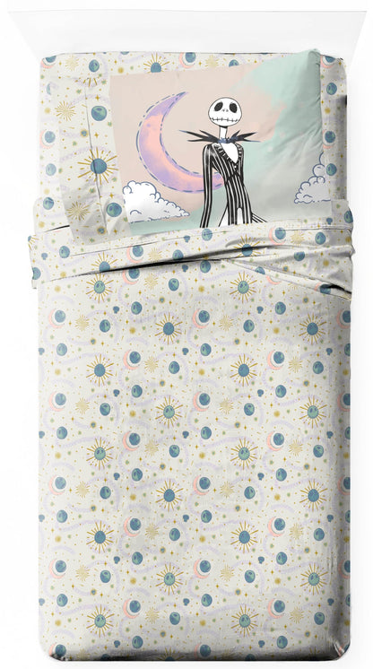 Jay Franco Sheet Set with Fitted, Flat Sheets & Pillow Cover - Ultra-Soft Bedding with Pillowcase for Room Decor, Beige - Nightmare Before Christmas, 3 Piece Twin