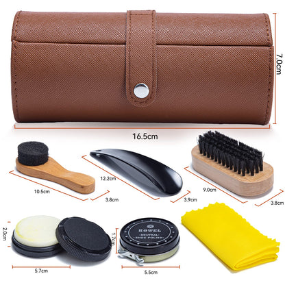 YUET Shoe Polish Kit Cleaning Shine Care Barrel Set For Brown Black Leather With Brush Travel Case Luxury Premium Soft Horsehair Bristle Dauber, Wooden Applicator, Shoehorn, Cloth 7 Piece