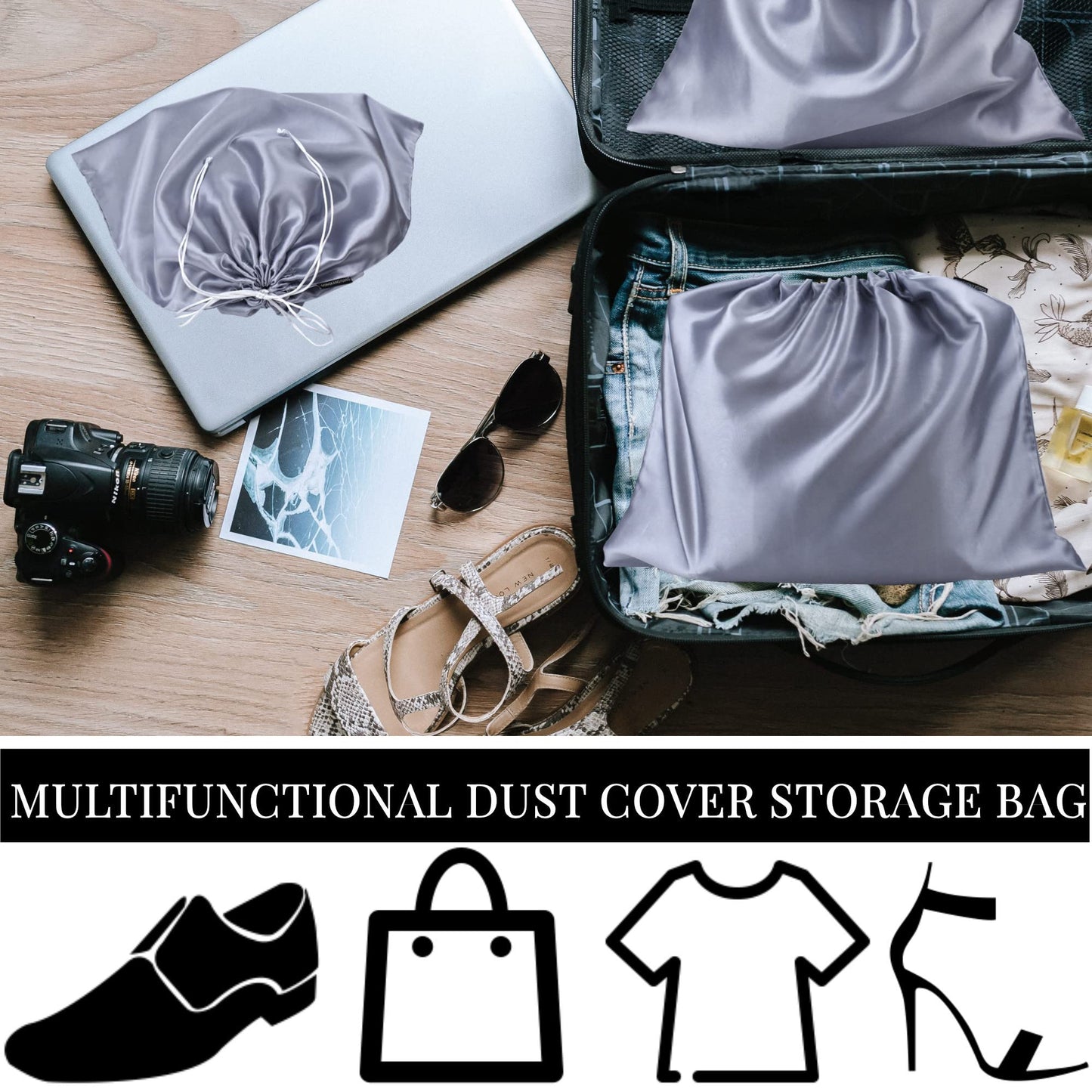 2 Pack Dust Bags for Handbags Silk Dust Cover Bag for Handbags Purses Shoes, Dustproof Drawstring Bag Travel Storage Pouch (Grey)
