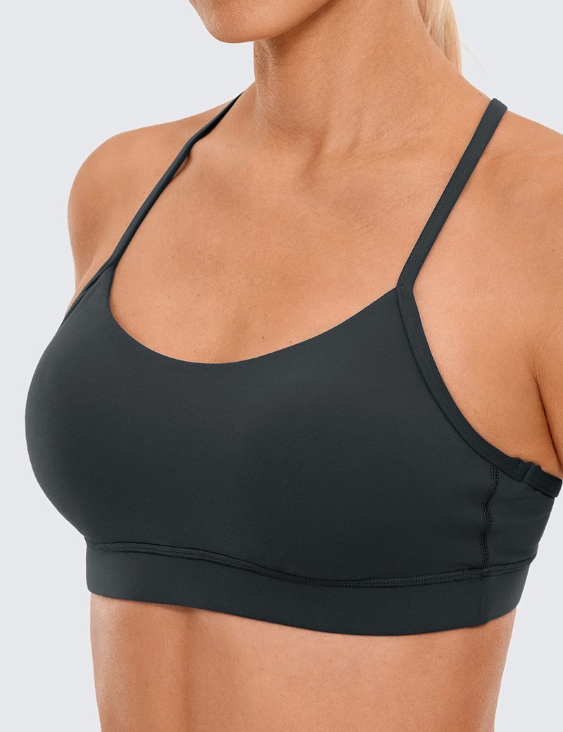 CRZ YOGA Butterluxe Y Back Sports Bras for Women - Padded Racerback Low Impact Spaghetti Thin Strap Workout Yoga Top Melanite Small