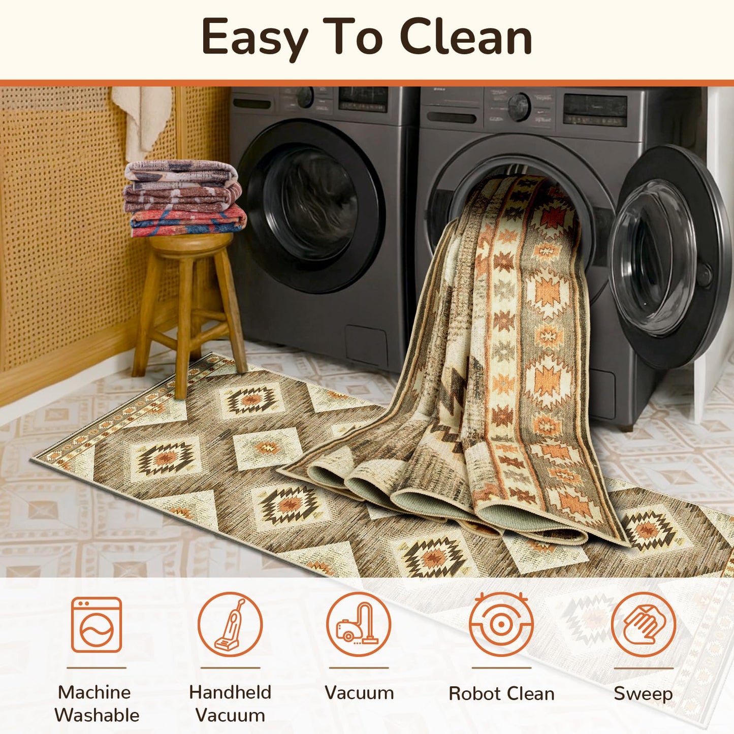 Area Rug 8x10 Rug Machine Washable Non-Slip Low Pile Print Pattern Western Rug for Living Room Bedroom Entryway Tribal Series -Cream/Camel