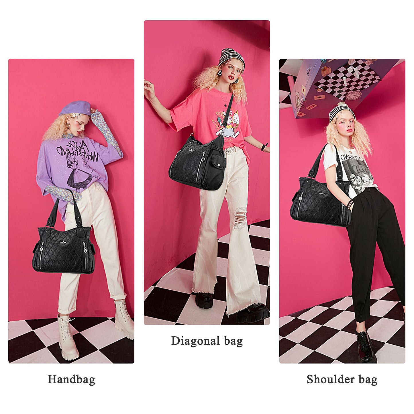 Angel Kiss Handbags for Womens Top-Handle Hobo Purse Roomy Casual Shoulder Bags PU Tote Satchel Purse for Women, Black-l, L