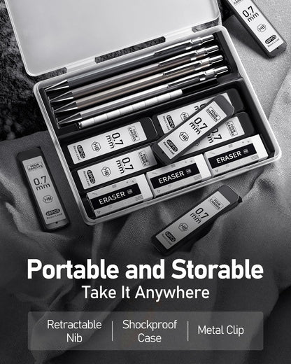 Four Candies 0.7mm Mechanical Pencil Set with Case - 4PCS Metal Mechanical Pencils, 8 Tubes HB #2 Lead Refills, 3PCS 4B Erasers and 9PCS Eraser Refills, Lead Mechanical Pencils for Writing & Drawing