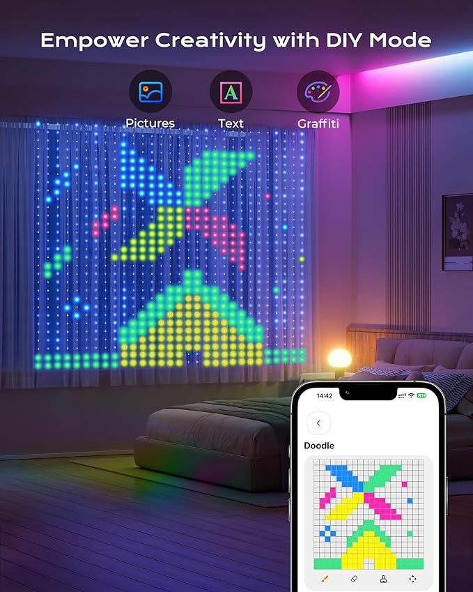 540 RGBIC LEDs Smart Curtain Lights with DIY GIF, 4.9x6.6ft Color Changing Christmas Wall Lightss with APP, IP65 Waterproof String Fairy Lightss for Indoor Outdoor Bedroom Window Garage