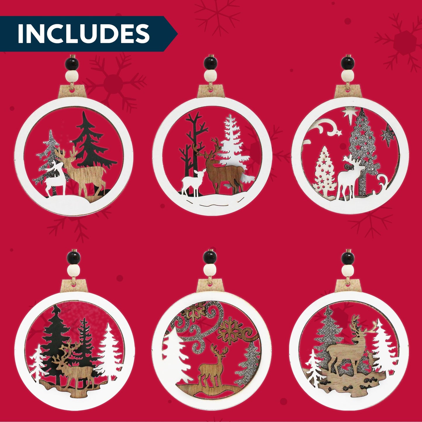 JOIEDOMI 6 Pcs Christmas Wooden Ornaments, Christmas Farmhouse Rustic Reindeer, Hanging Wood Ornaments for Winter Holiday Indoor Decor, Xmas Tree Decorations