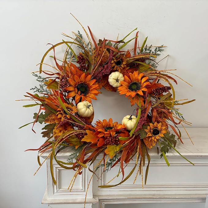 Jobflower Fall Wreaths for Front Door 24 Inch – Autumn Sunflower and Pumpkin Wreath for Halloween, Thanksgiving, Farmhouse Indoor Outdoor Wall or Porch Decor