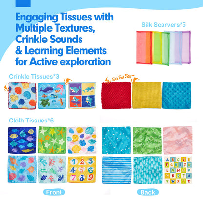 hahaland Baby Tissue Box Toy - Baby Toys 6-12 Months Montessori Toys for 6 Month Old with Textured Tails, Cloth Tissues, Crinkle, Squeaky Sounds, Mirror - Gifts Play Silks Sensoy Scarves for Babies