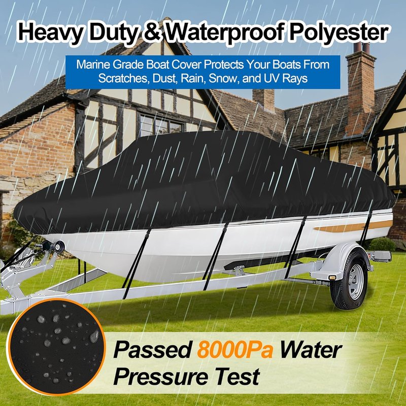 Trailerable Boat Cover - Heavy Duty Waterproof Tarp for V-Hull & Fishing Boats | Fits 14'-16' Length, 90" Width