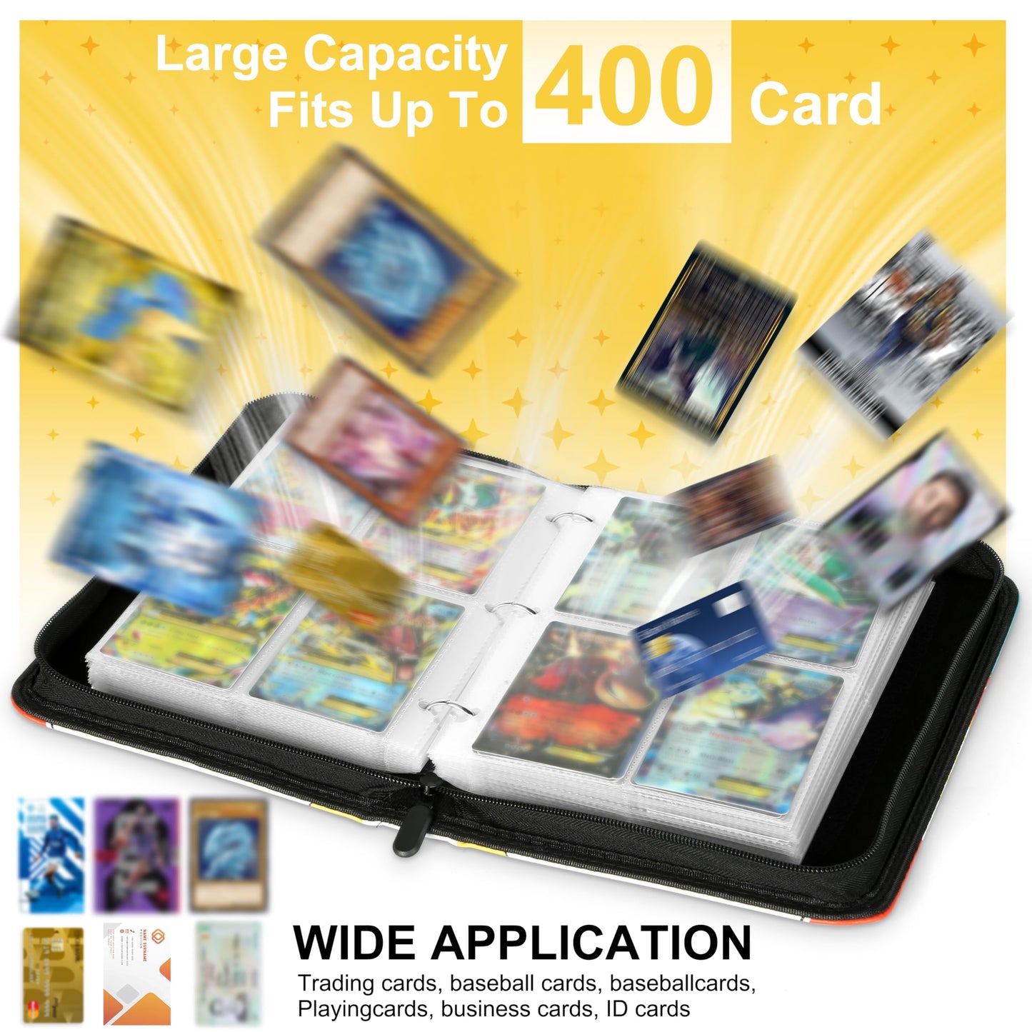 Portable 4-Pocket Trading Card Binder, 400 Pockets with 50 Removable Sleeves, Portable Collector Album with Zipper for TCG, Sport & Game Cards Prime