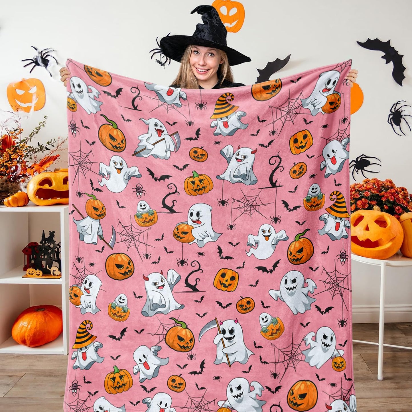 pahhjsa Pink Halloween Throw Blanket 50"x60", Cute Ghost Blanket for Girls Kids Soft Flannel Fleece Halloween Blankets and Throws Decor