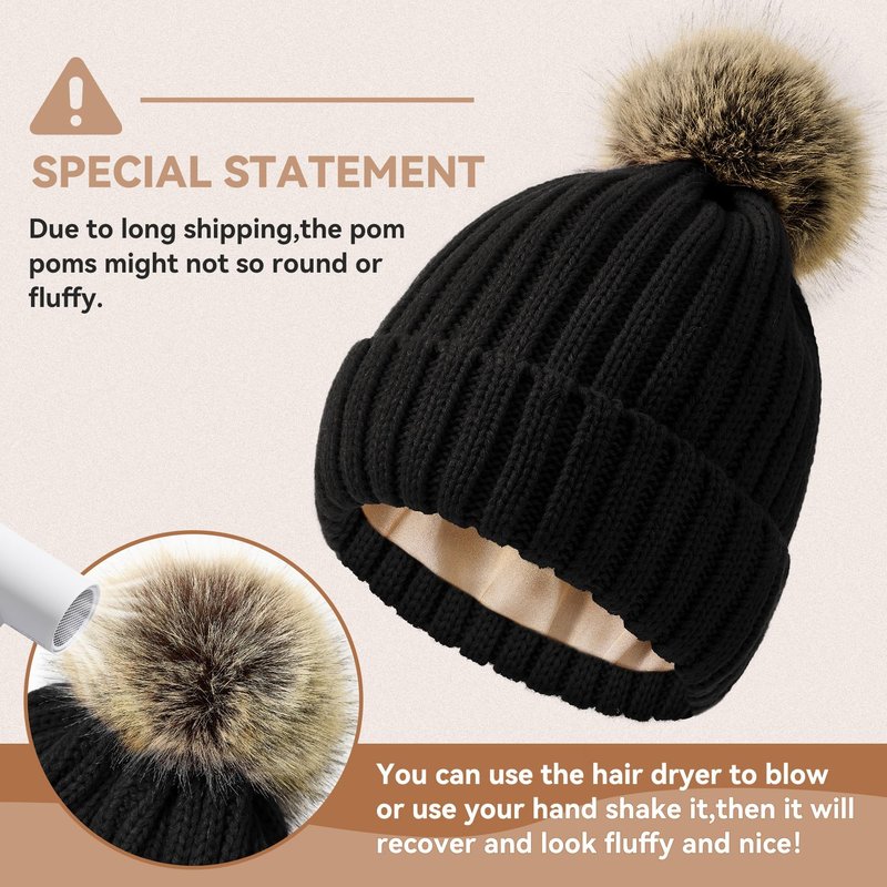 Zando Black Winter Satin Lined Beanie Hats for Women - Cute Pom Pom Beanie, Warm Winter Hat with Hair Protection, Thick Knit Beanies, Fashionable Stocking Cap for Outdoor Travel Daily Wear One Size