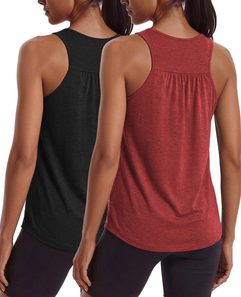 PINSPARK Womens Tank Tops Racer Back Atheltic Running Top Moisture Wicking Yoga Tanks Flowy Summer Exercise Shirts,Black/Deep Red M