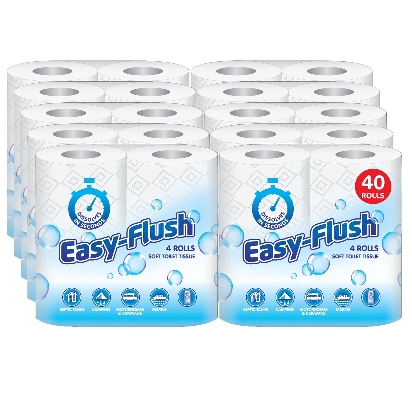 Easy Flush Soft Toilet Roll | Septic Tanks, Camping, Motorhome, caravans, Portable Toilets | 2ply | No Blocked drains | Quick Dissolve (40)