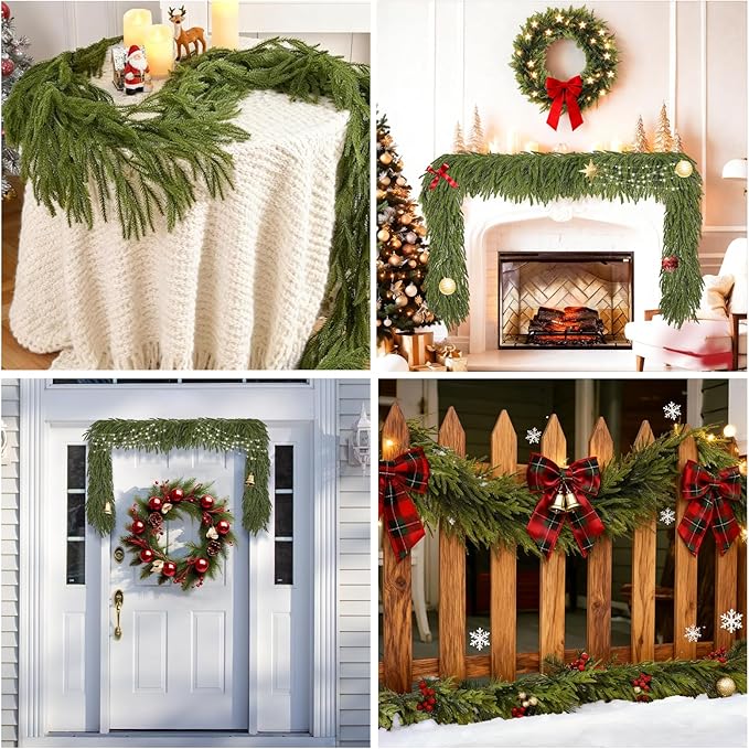 6 Ft 2 Pcs Norfolk Pine Christmas Garland - Artificial Faux Pine Needles Real Touch Winter Garland - Indoor/Outdoor Holiday Greenery Garlands for Fireplace Mantle, Staircase, Window Decor