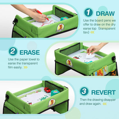 lenbest Kids Travel Tray - Travel Tray for Kids in Car - Car Seat Tray for Kids Travel - Multifunctional Tray with Transparent Erasable Surface & Large Storage Space - Travel Games for Kids