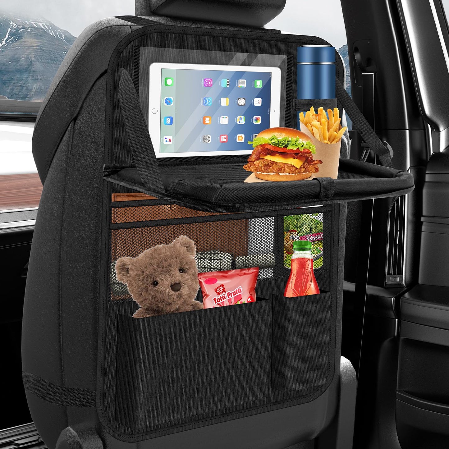 Oneyus Car Seat Organiser, Car Organiser Large Car Organiser Back Seat for Kids Multifunctional Waterproof Car Back Seat Organiser with Folding Table, Tablet Pockets and Many Pockets