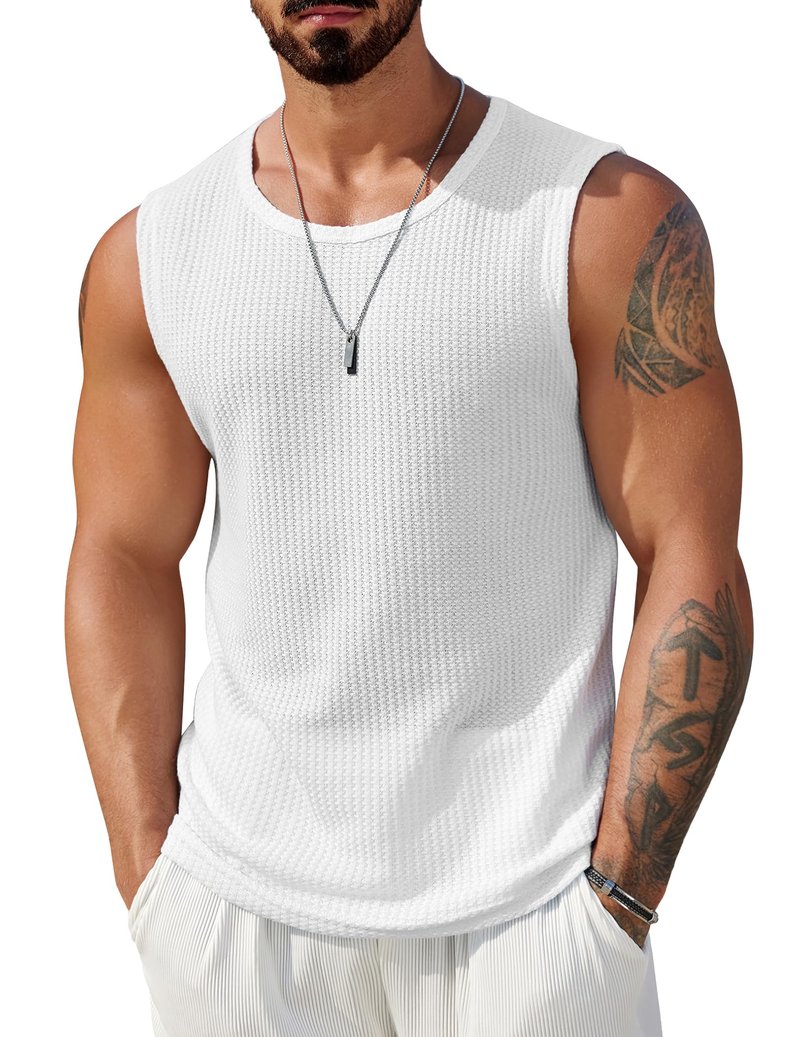 COOFANDY Men's Tank Tops Summer White Sleeveless Knit Top for Men Crew Neck Waffle Textured Tank Shirts White L