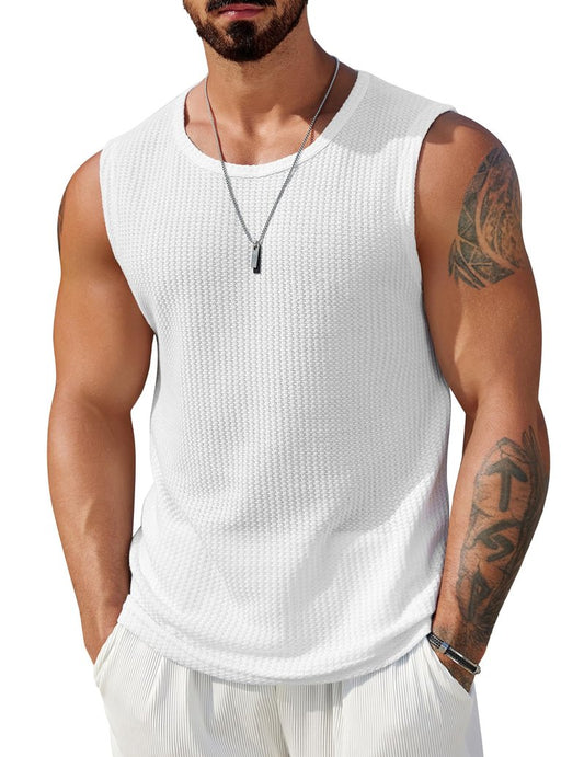 COOFANDY Men's Tank Tops Summer White Sleeveless Knit Top for Men Crew Neck Waffle Textured Tank Shirts White L