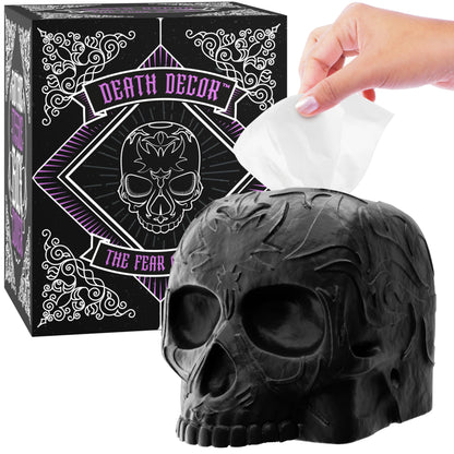 Gothic Skull Tissue Box Cover – Heavyweight Square Tissue Holder – Won’t Move When Pulling a Tissue – Black Home & Bathroom Décor – Home Gift for Women & Men, Goth, Horror, & Halloween Enthusiasts