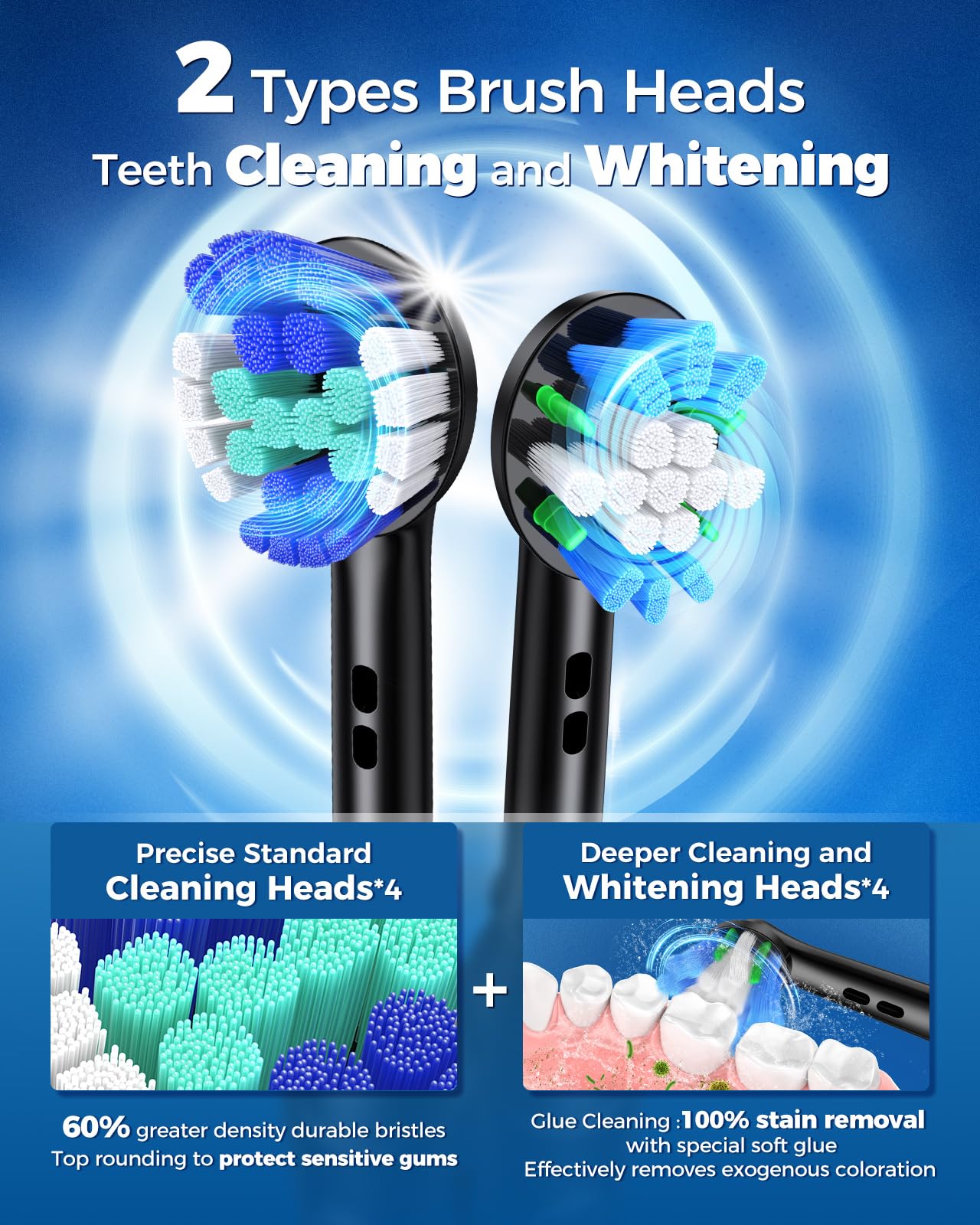 Rotating Electric Toothbrush Case for Adults, 4 Modes Deep Clean Electric Toothbrush with 8 Brush Heads (2 Types), 25-Days Rechargeable Power and 2 Min Smart Timer