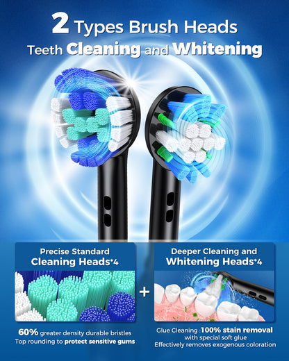 Rotating Electric Toothbrush Case for Adults, 4 Modes Deep Clean Electric Toothbrush with 8 Brush Heads (2 Types), 25-Days Rechargeable Power and 2 Min Smart Timer