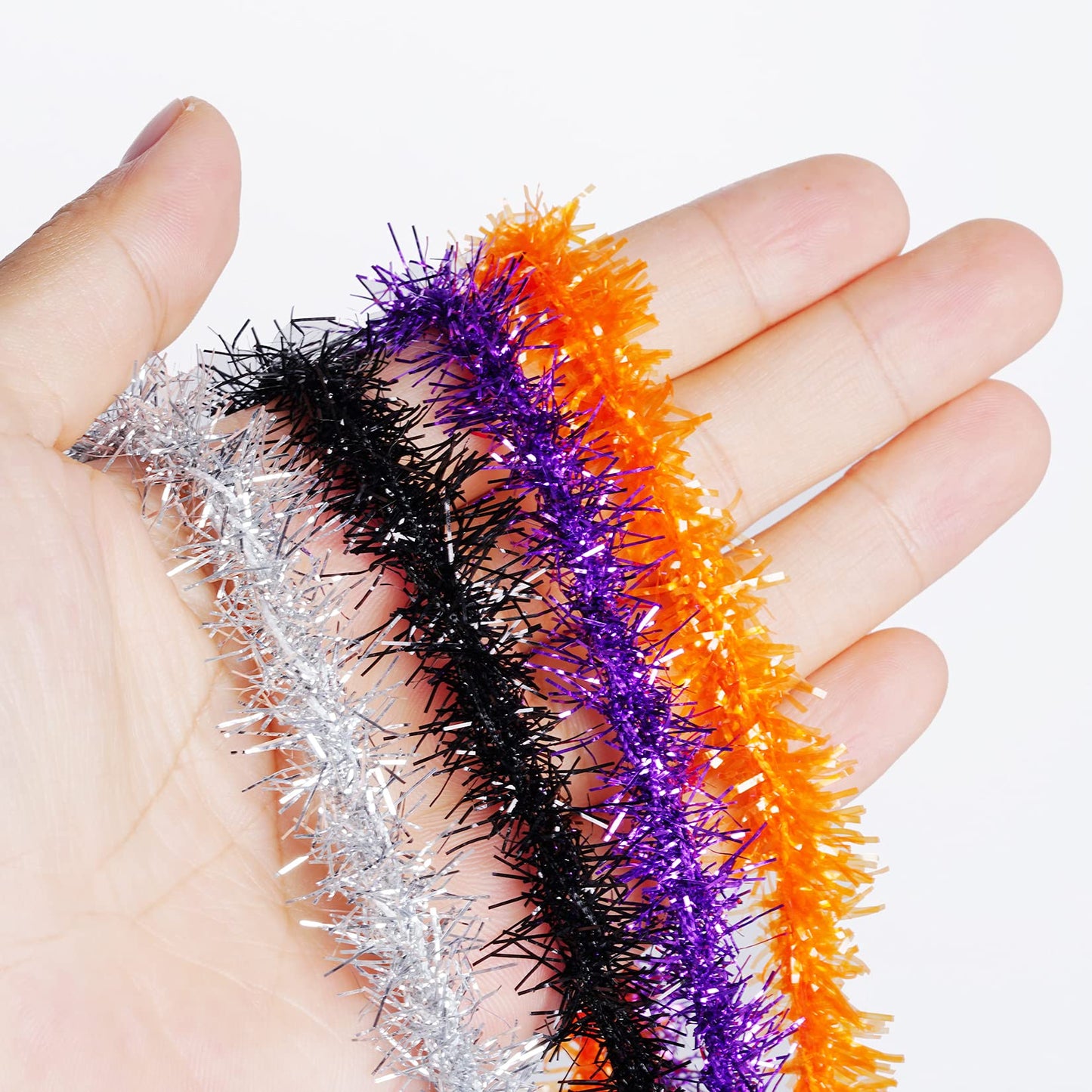 Tongcloud 4 Rolls Halloween Metallic Tinsel Garland - Glitter Ribbon (Orange, Purple, Black, Silver, 9.8ft x 0.7in)