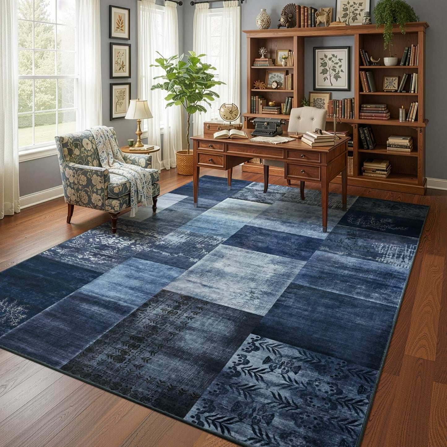 DweIke Washable Area Rugs 6x9 for Living Room, Large Modern Geometric Navy Blue Soft Patchwork Carpet, Non-Slip Stain Resistant Throw Rug for Bedroom Dining Room Office Home Decor