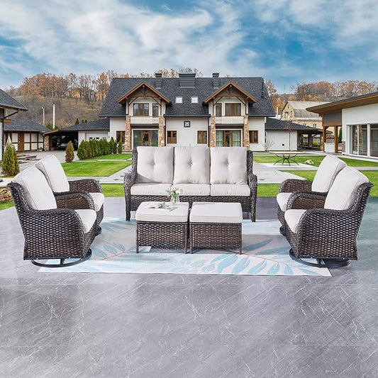 Rilyson Wicker Patio Furniture Set - 7 Piece Rattan Outdoor Sectional Conversation Sets with 4 Swivel Rocking Chairs,2 Ottomans and 1 Sofa for Porch Deck Garden(Brown/Beige)