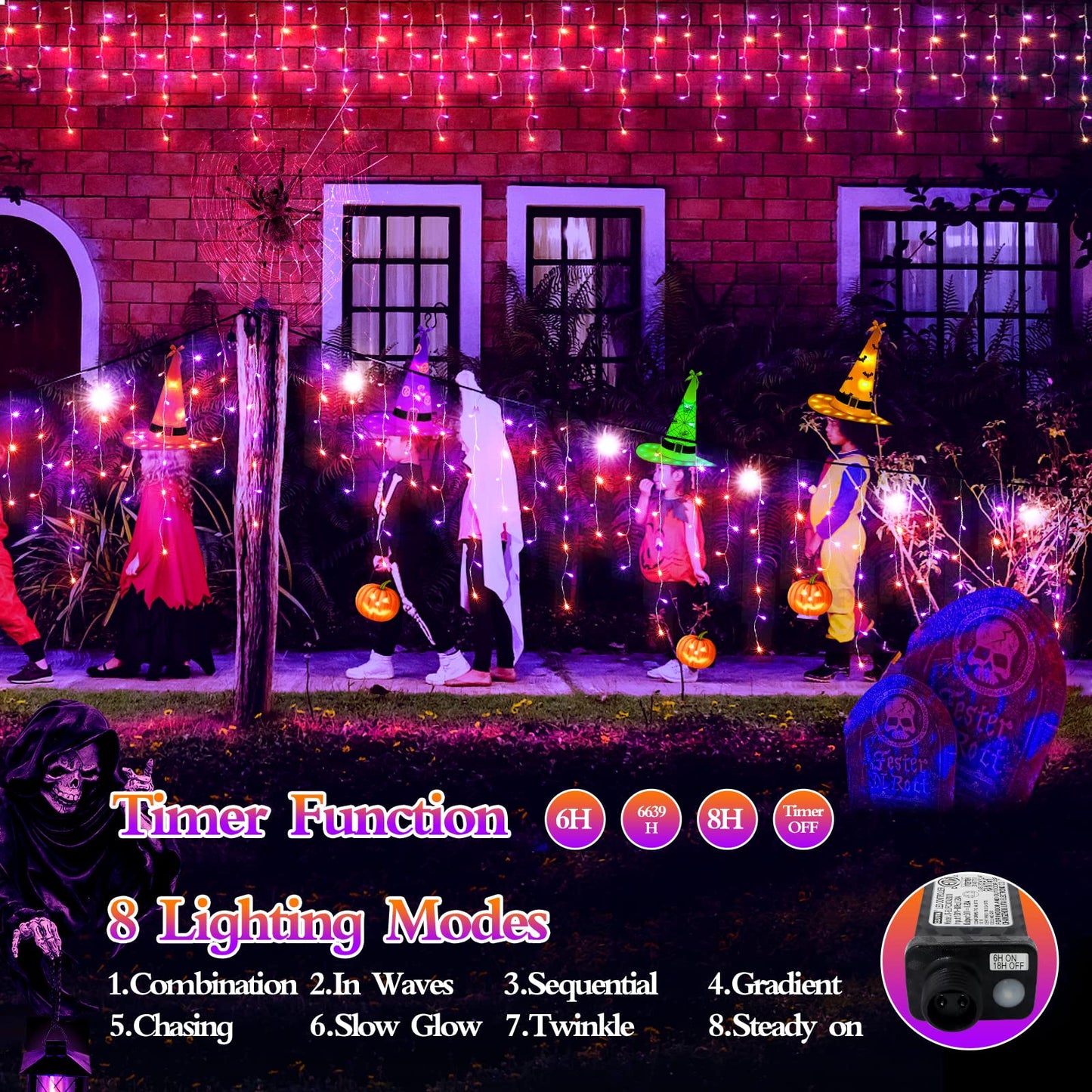 FLVOECN 480 LED 49FT Halloween Lights Plug in 8 Modes with Timer Dimmable Halloween Decorations Outdoor Waterproof String Lights for Roof Porch Garden Holiday Wedding Party Decor Orange Purple