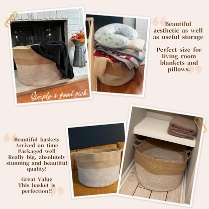 INDRESSME Extra Large Woven Baskets for Storage, 21.7'' x 13.8'' Wicker Basket with Handle for Blankets, Big Laundry Baskets for Clothes, Pillows, Towel, Shoe Basket for Entryway, 90L White Jute