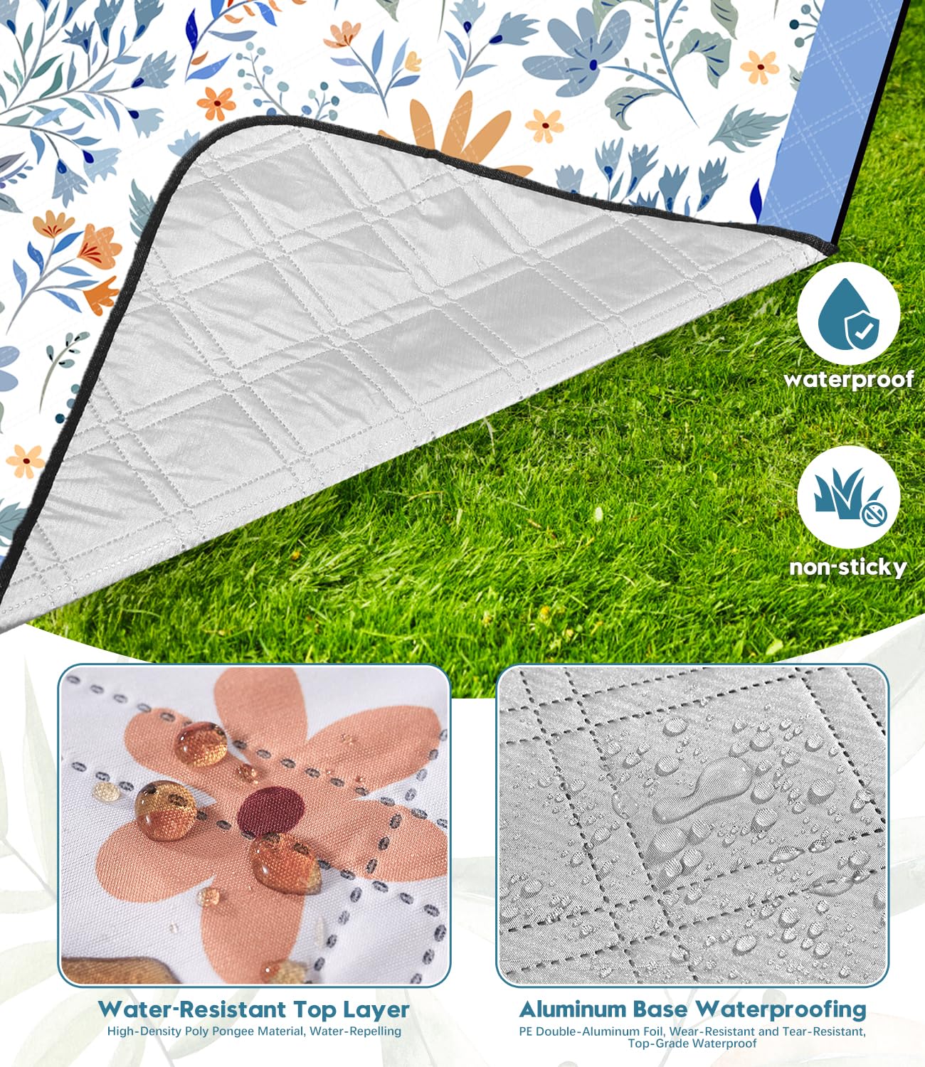 DEWUR Picnic Blankets 79"x79" Extra Large Outdoor Blanket Beach Blanket Waterproof SandProof Picnic Mat Washable Foldable Portable for Grass Lawn Beach Camping (White with Flowers)