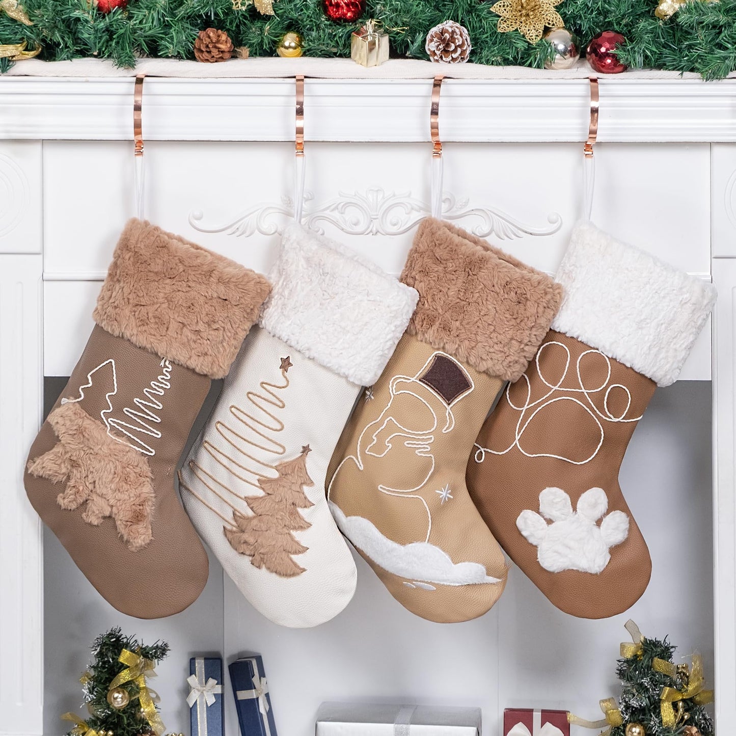 GEX Christmas Stockings 4 Pack for Family Soft Pleather with Rope Stitch Embroidery Large 20" Faux Fur Boho Rustic Farmhouse Country Stockings for Xmas Fireplace Decoration (Set of 4)
