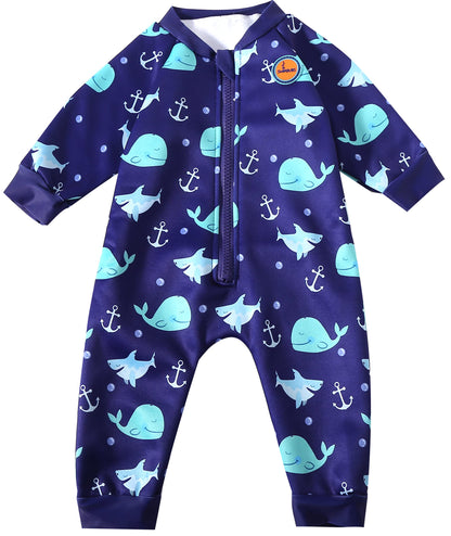 Swimbubs Baby Swimming Warm Suit Boys Fleece Lined Wetsuit Girls UV UPF50 Sun Protection Swimsuit (6-12 Months, Blue Whale)