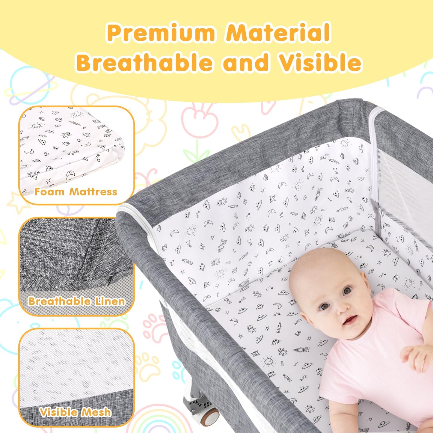 Advwin Bedside Crib with Mattress, Bedside Co-Sleeper Grey