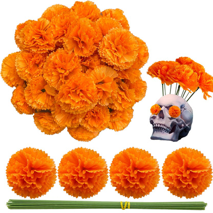 Gusaloo Marigold Flower Heads 50Pcs, Mexican Marigold Artificial Flowers for Day of The Dead Diwali Home DIY Garland Craft Wedding Mexican Party Decoration Halloween Dia De Los Muertos Decor(Orange)