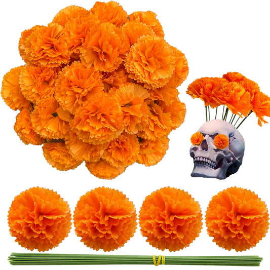 Gusaloo Marigold Flower Heads 50Pcs, Mexican Marigold Artificial Flowers for Day of The Dead Diwali Home DIY Garland Craft Wedding Mexican Party Decoration Halloween Dia De Los Muertos Decor(Orange)