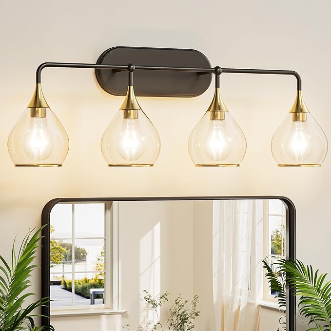 TETOTE 4-Light Modern Bathroom Light Fixtures, 4 Light Vanity Lights Over Mirror Black & Gold Wall Lamp with Clear Glass for Bathroom, Mirror, Living Room, Bedroom, Hallway