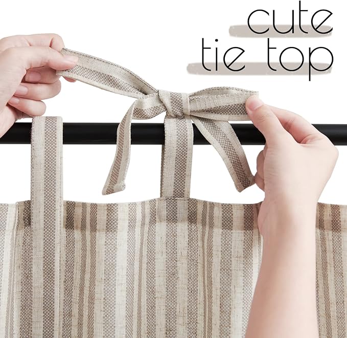 jinchan Tie Top Linen Kitchen Curtains 24 Inch Length Striped Tier Curtains Ticking Stripe Small Drapes for Living Room Bathroom Cafe Small Window Farmhouse Rustic Rod Pocket 2 Panels Taupe Grey