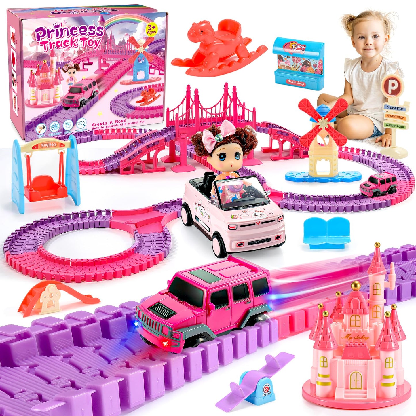 Tragik Track Toys for 3-6 Year Olds, Princess Construction Toys for 3-6 Year Old Girls - Race Tracks & Cars Gift Set