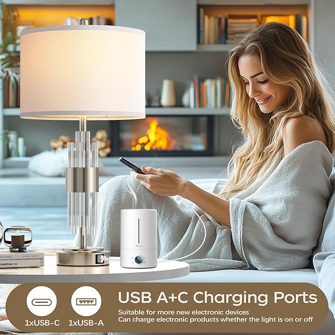 QiMH Table Lamp for Living Room,Bedside Lamp for Bedrooms Set of 2 with USB A+C Ports,3-Way Dimmable Touch Control,Modern Nightstand Lamp White Lampshade Home Decor, LED Bulb Included, Brushed Silver