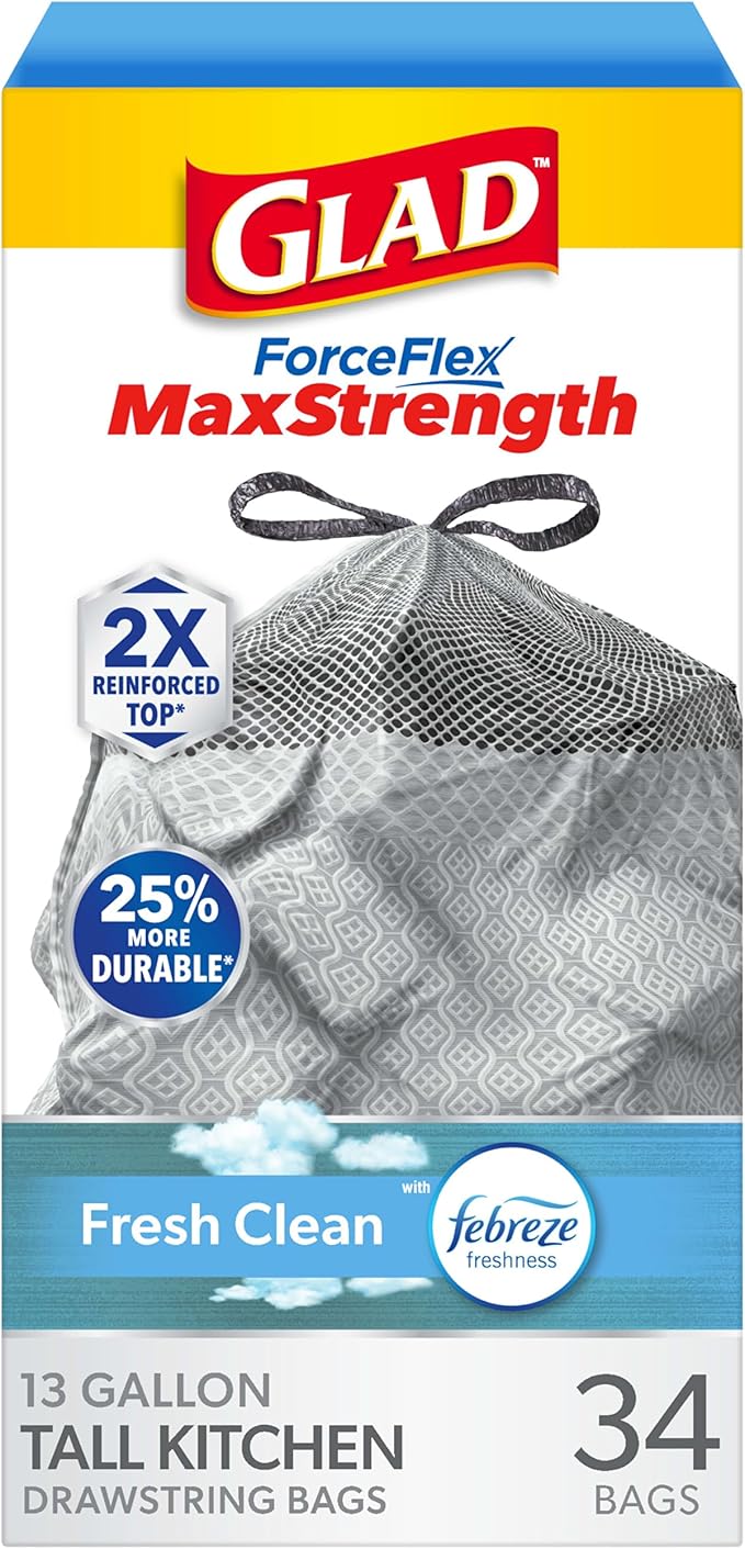 Glad ForceFlex MaxStrength Kitchen Trash Bags, 13 Gal, Fresh Clean Febreze
