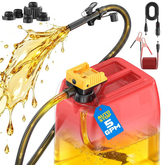 DIYtoolifz 5 GPM Cordless Fuel Transfer Pump with Auto Shut-Off & Beep Alert, Compatible with DeWalt 20V & Milwaukee 18V Batteries, Gas Can Pump for Gasoline/Diesel, 51" Hose & 5 Adapters (Bare Tool)