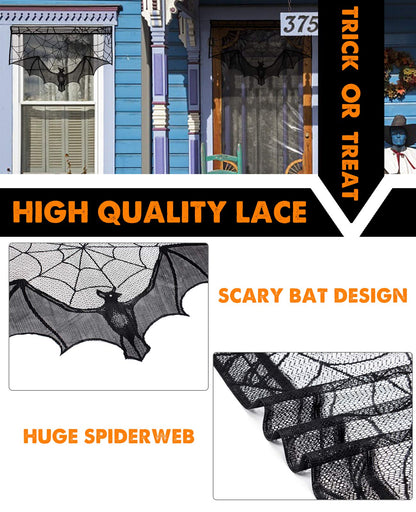 ANPHSIN Halloween Black Lace Spiderweb- 2 Pcs Bat Curtain Window Valance Cobweb Tablecloth Shower Curtains Fireplace Mantles Scarf Cover for Home Door Kitchen Bathroom Festive Party Decorations