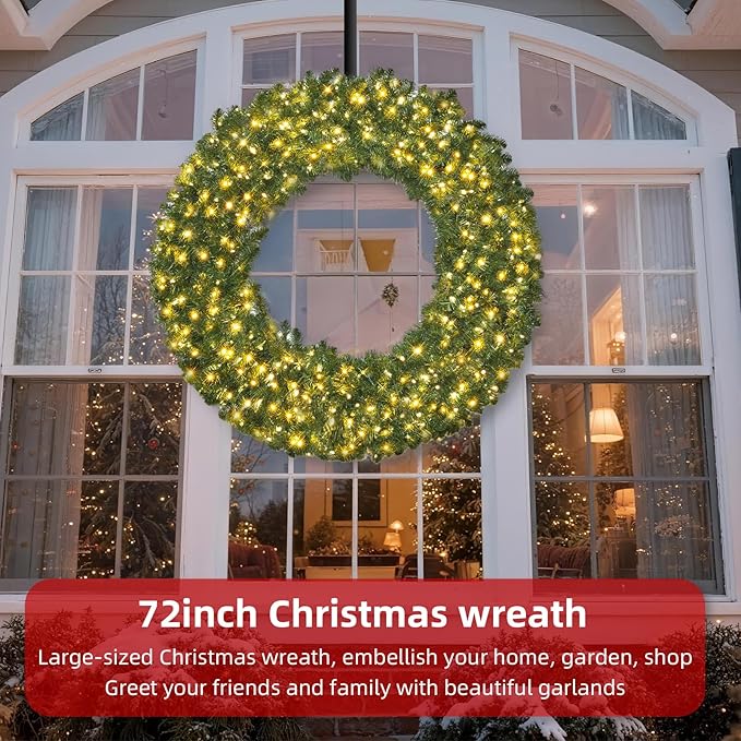 HOYECHI 72in Pre-Lit Christmas Wreath - with 360 Colorful LED Lights, 1160 PVC Tips, Timer, Remote & Hook, Large Outdoor Holiday Decor for Front Door, Wall, Garage, Power Plug-in