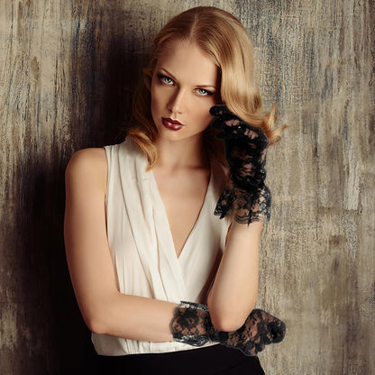 Black Lace Gloves For Women - Elegant Short Lace Gloves For Tea Party, Opera, Wedding & Prom