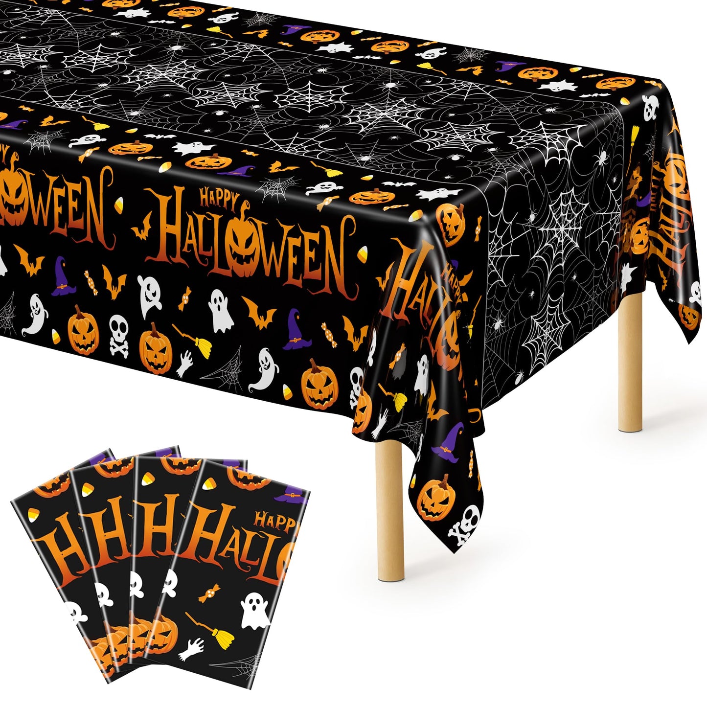QZYL 4 Pack Halloween Tablecloth, 54" x 108" Halloween Decorations, Pumpkin Design Disposable Tablecover Plastic Table Cloth, Spider Webs Decorations Party Supplies Tableware Indoor